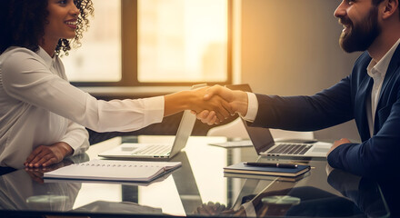 Successful Partnership Confirmed By Multicultural Business Team Handshake At Workplace