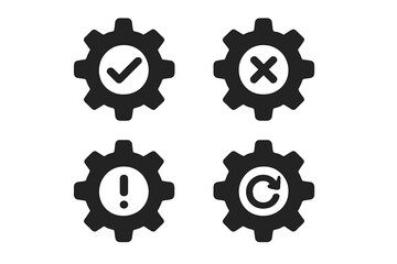 Obraz premium Settings Icon Set with Cogwheel Symbols Featuring Tick, Cross, Warning, and Sync Signs for App UI and Website Design, Transparent PNG and Vector Illustration
