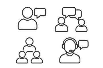 Obraz premium Communication and Teamwork Line Icons Set. Four Web Icons Depicting People Talking, Discussion, Speech Bubbles, Teamwork, Customer Support, and Group Communication Concepts