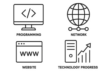 Set of 4 Modern Information Technology Line Icons: Programming, Networking, Website Development, Technology Progress, Internet, Devices, Web Application, Digital Innovation