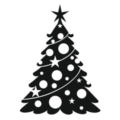 Stylized black silhouette of a decorated christmas tree with a star topper and circular ornaments