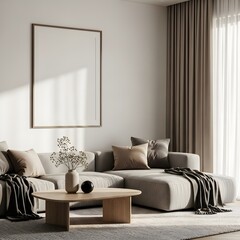 Modern living room interior with blank frame sofa and coffee table