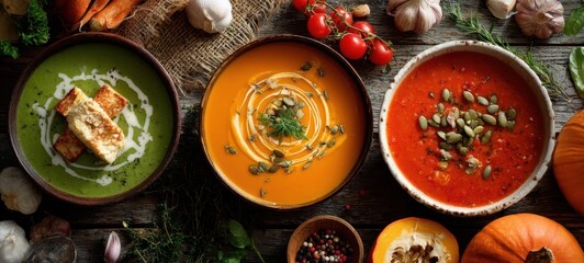 The vibrant display of gourmet soups with fresh ingredients on a rustic table
