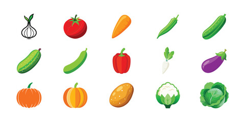 Minimal Vector Vegetables Icons Set, Colorful Healthy Food Design