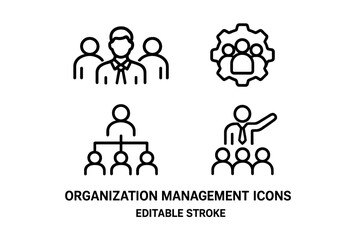 Organization Management Leadership Teamwork Hierarchy Line Icons Set. Human Resource Structure, Business People, Corporate Management, Employee Training, Group Collaboration, Editable Stroke