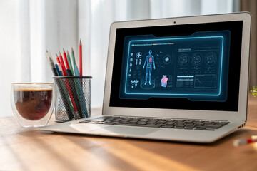 Medical science technology and futuristic healthcare virtual computer software analyze human health...