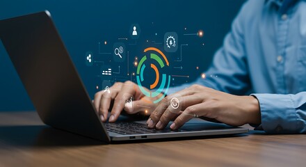 A person is typing on a laptop with a data analytics interface, emphasizing the role of technology and datadriven decisionmaking in business strategy