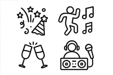 Party Celebration Line Icons Set. Festive Event Symbols: Party Hat, Confetti, Dancing, Music Notes, Toasting Glasses, DJ, Karaoke, Entertainment, Anniversary, Celebration, Vector Illustration