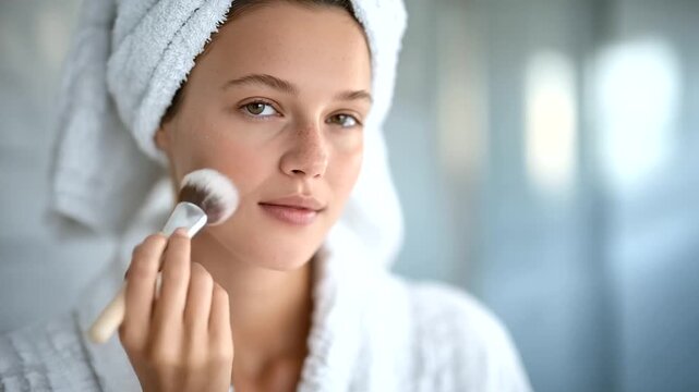 Young woman in a modern vanity room applies loose powder with a large fluffy brush, smooth application technique captured in detail, highlighting flawless skin and professional cos
