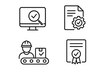 Quality Control and Assurance Icons Set. Line Style Vector Illustrations for Inspection, Evaluation, Production, Certification. Quality Check Symbols for Web, Mobile Apps, Manufacturing, Compliance