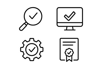 Quality Control and Assurance Icons Set. Line Style Vector Illustrations of Inspection, Evaluation, Production Process, Certification, Quality Check for Web, Mobile Apps, User Interface, Business