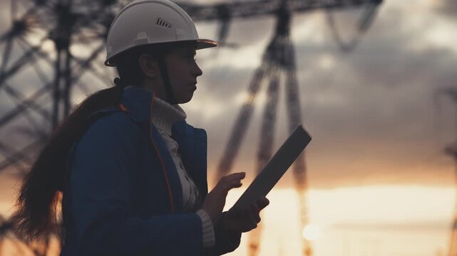 Electricity industry worker exploring plans framed by dusk sky, Inspection at high voltage tower site, woman engineer with plans, Utility site blueprint review at dusk, female energy employee,