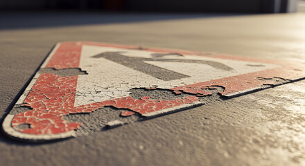 Naklejka premium Worn left turn sign with peeling paint on a concrete surface urban decay scene
