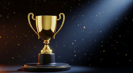 Golden Champion Trophy Awarded in Dramatic Spotlight with Falling Glittering Particles Celebrating Victory and Achievement