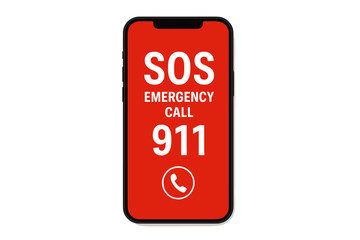 SOS Emergency Call Notification on Smartphone Screen, 911 Alert, Red Warning Interface, Urgent Call for Help, Mobile Phone Vector Illustration, Emergency Services Communication Concept
