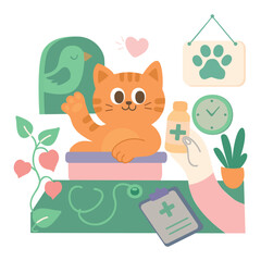 Veterinary clinic, illustration in pink and blue. A funny cat is sitting in a basin of medicine. The cat is pawing everything around.