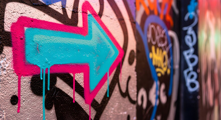 Naklejka premium Vibrant graffiti art featuring a bold arrow, painted on a textured wall surface with bright colors