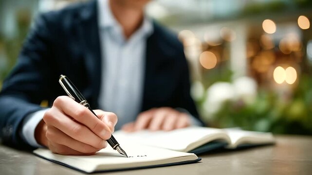 Hand poised mid-sentence writing with a classic fountain pen in a journal, elegant notebook cover visible, natural desk background with soft bokeh, symbolizing thoughtful journalin