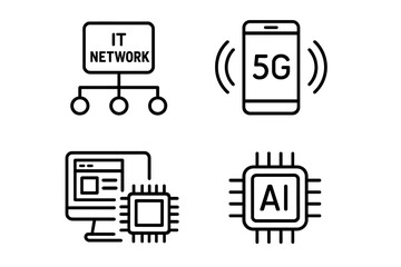 Set of 4 Technology Web Icons in Line Style, Information Technology Symbols for Web and Mobile Apps, IT Network System, 5G Communication, Computer Chip, and Web Design Elements