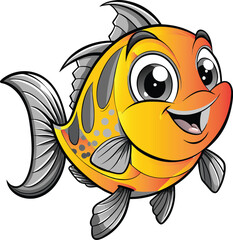 Cheerful orange fish with grey fins cartoon yellow
