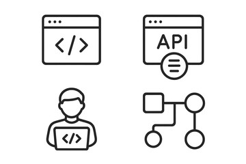 Fototapeta premium Web Development Line Icons Set – Coding, API, Programmer, Application Flow, Node Connection, Web Coder, Bug Fix – Modern Vector for Apps and Websites