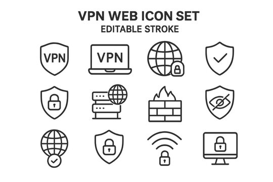 VPN Security Web Icon Set in Modern Line Style. Collection of Editable Stroke Linear Icons for Internet Privacy, Proxy, Firewall, Cybersecurity, Data Encryption, Online Protection, Secure Connection