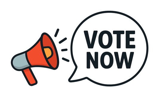 Megaphone Announcing Vote Now Message. Loudspeaker with Speech Bubble. Election Promotion Banner for Business, Marketing, Advertising, Social Media Campaigns. Vector Illustration, Call to Action
