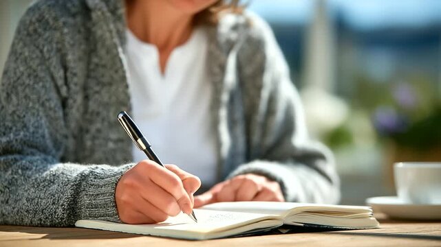 Close-up of a woman&rsquo;s hand sketching and writing in an open journal with a pen, soft shadows playing across wooden table, symbolizing personal reflection, study, and creative proce