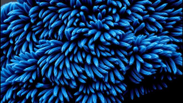 a close up of a blue chenille flower against a black background