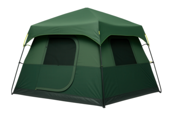 Instant cabin tent with pre-attached poles and an oversized rainfly
