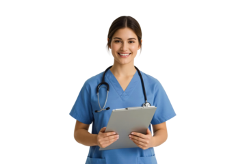 Smiling nurse holding clipboard, studio shot, healthcare