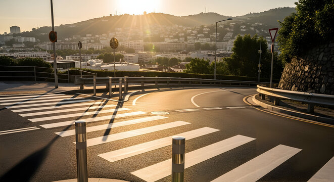 Sunrise On Curvy Road With Zebra Crossing In A Picturesque European City