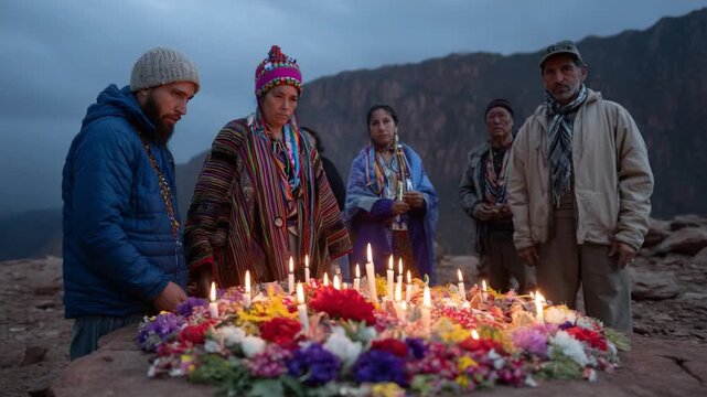 Andean ritual ceremony with candles and flowers at dawn