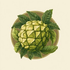 Obraz premium A stylized illustration of a fruit or vegetable, encircled by leaves