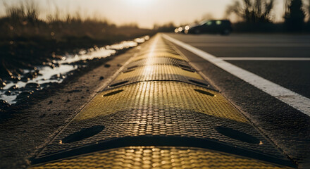 Sunset Glare On Road Divider With Vehicle In Background Showing Highway Safety