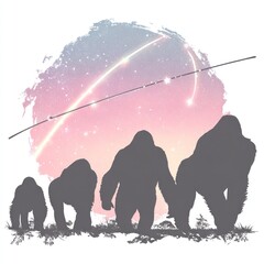 Silhouettes of gorillas, evolution, space