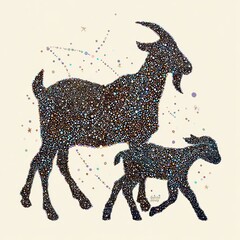 Two goats, a mother and child, represented by glittering dark-colored particles against a light background, with faint star-like patterns