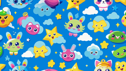 Adorable Cartoon Creatures Seamless Vector Pattern on Blue Background Whimsical Design for Kids