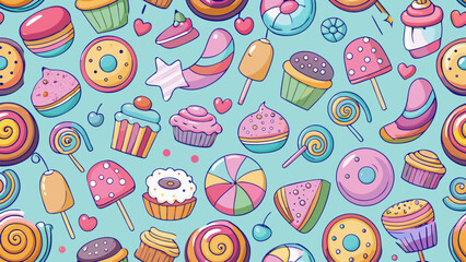 Sweet Delights A Playful Candy-Themed Seamless Vector Pattern with Pastel Colors and Whimsical Illustrations for Backgrounds
