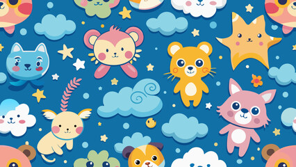 Playful Cartoon Animal and Cloud Seamless Pattern Whimsical vector background with cute characters and dreamy sky elements for children's designs