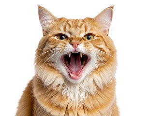 Realistic ginger cat showing aggression mouth open in mid-snarl, teeth bared, and eye