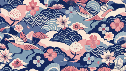 Elegant Japanese Floral Pattern with Birds, Clouds, and Sakura Flowers for Textile and Wallpaper Designs