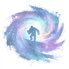 A silhouette of a large ape in a swirling galaxy