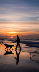 Obraz premium Silhouette of person walking dog on beach at sunset