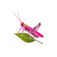 Pink grasshopper on a leaf, outlined in color