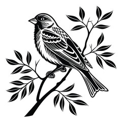 Stylized Black and White Illustration of a Sparrow Perched on a Branch with Leaves