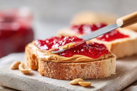 Spreading raspberry jam on peanut butter toast for a sweet and savory breakfast
