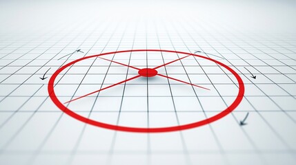 Red circle with a compass-like design on a white grid background showcasing precise geometric alignment