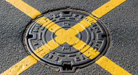 Urban Crossroads: Geometric Manhole Cover With Bright Yellow Cross On The Asphalt Road