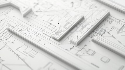 Architectural blueprint details showcasing design elements and structural plans on a workspace